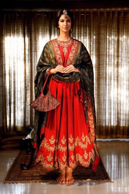 deep red anarkali with gold work
