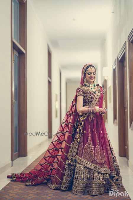 Wine Colour Royal Wedding Lehenga with Modern Train