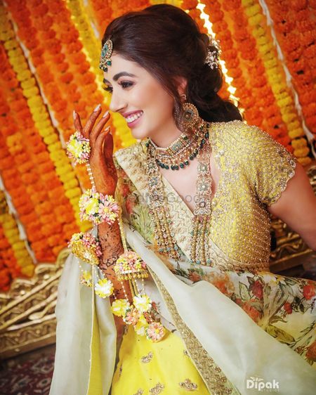A happy bridal shot from a haldi function. 