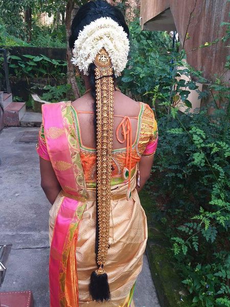 Unique south Indian floral jada with gold hair ornament 