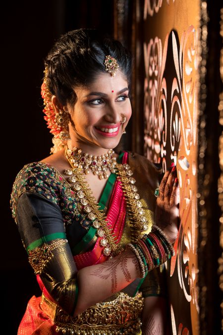 South Indian bridal look with layered jewellery 