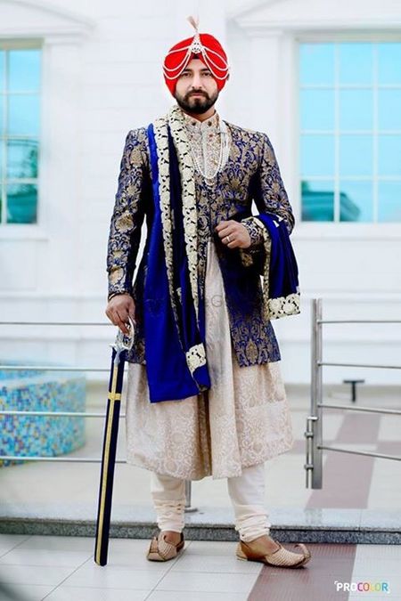 Sikh Groom in Royal Blue Jacket and White Sherwani