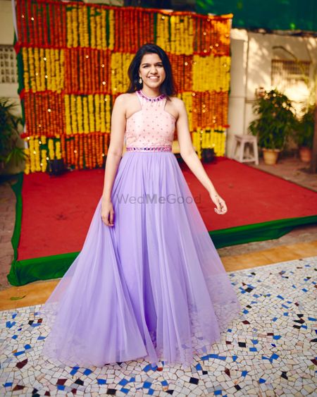 Photo of Lavender and baby pink anarkali with tulle drape
