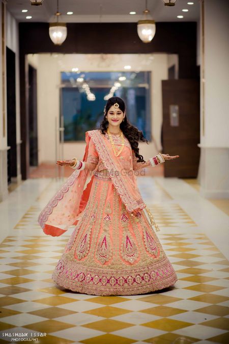 Peach and Pink Lehenga with Thread and Stone Work