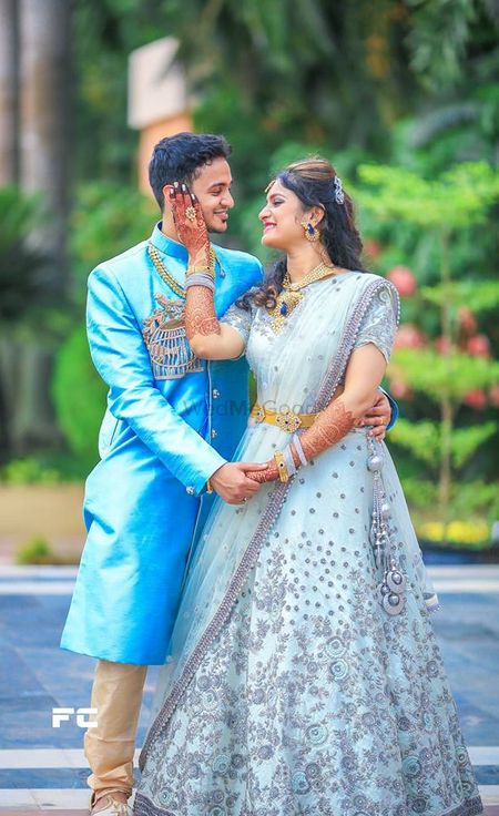 Pale blue lehenga with silver work for engagement