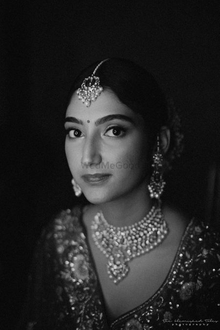 Photo of Black & white bridal portrait.