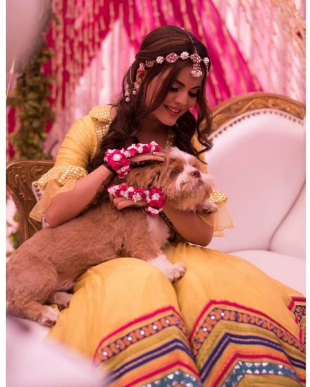 Photo of A cute shot of a bride with her dog on her haldi function.