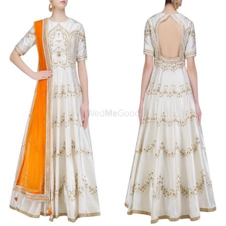 white and gold anarkali with double shaded orange color dupatta