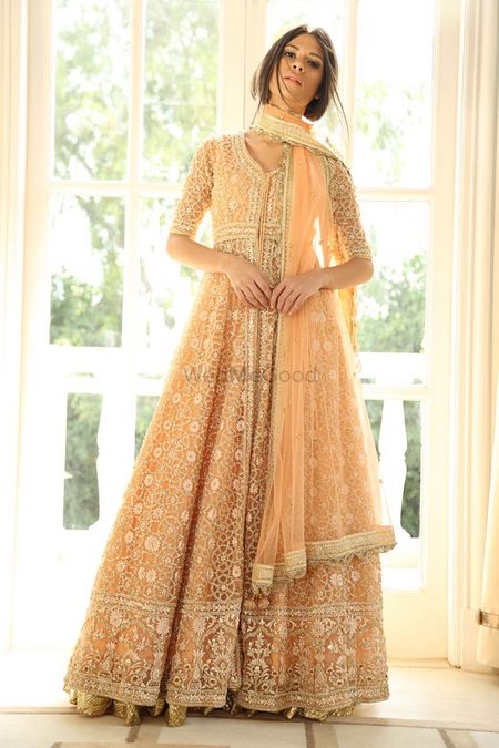 Photo of Peach net anarkali with silver work
