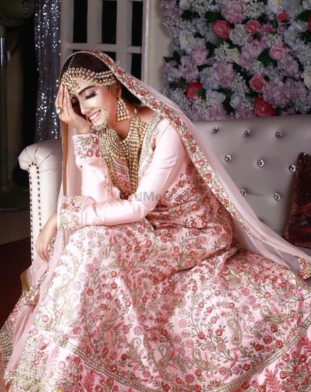 Bride in light pink floral Anarkali 