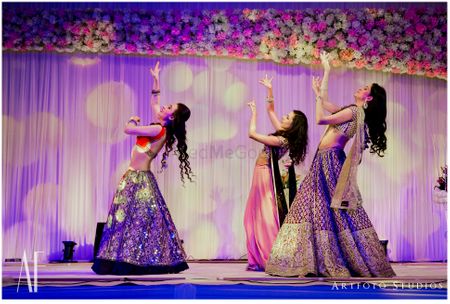 Bridesmaids Dancing Onstage During Sangeet