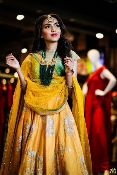 Yellow And Sea Green Banarasi Semi-Stitched Lehenga in Synthetic – Khatri  Jamnadas Bechardas