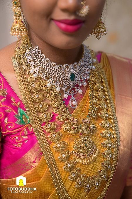 South Indian layered diamond and gold jewellery