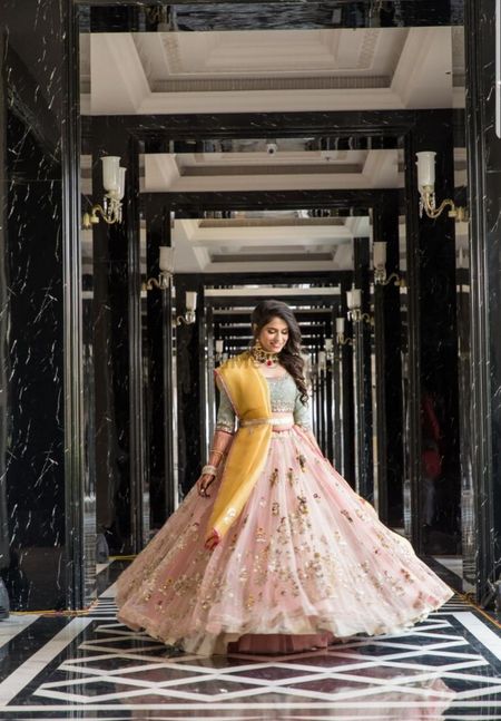 Sangeet lehenga with pink skirt and contrasting dupatta 