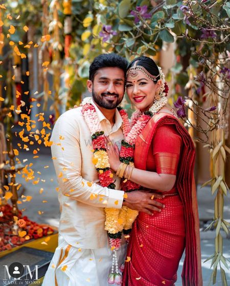 A south indian couple posing in between their wedding rituals.