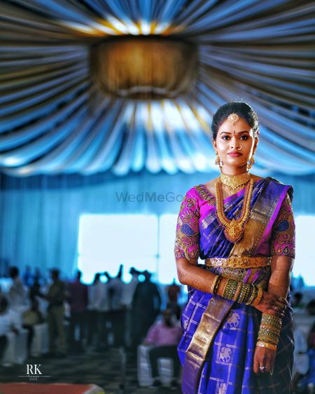 A south Indian bride in temple jewellery and kanjeevaram saree