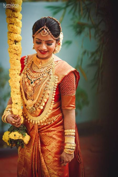 A south Indian bride with gold temple jewellery