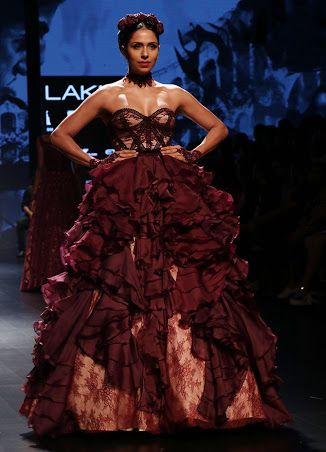 Photo of Strapless oxblood evening gown with ruffles