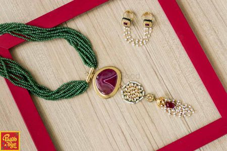 Green Beads String Ruby Necklace with Pearl String Ring