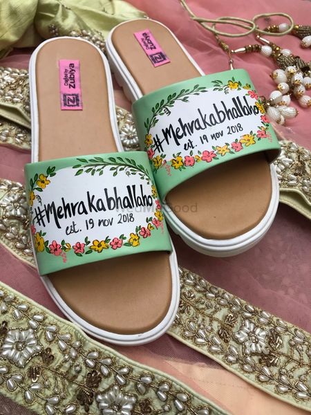 Customised bridal slippers with wedding hashtag