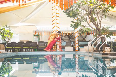 pool side genda flower mehendi decor