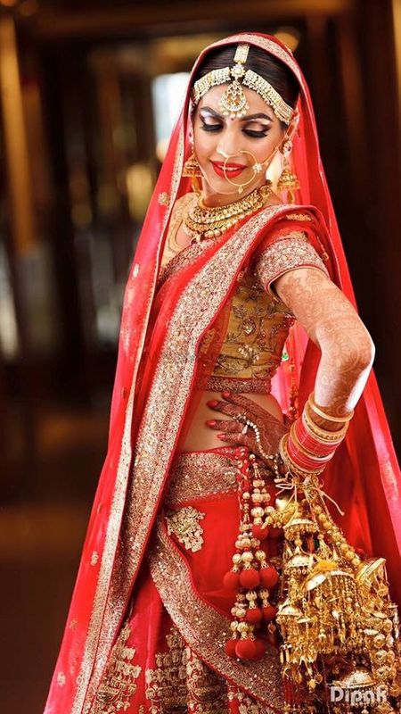 Red and Gold Lehenga with Gold Kaleere