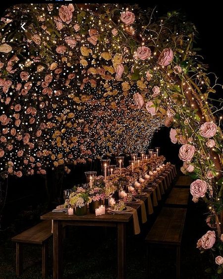 A night table setting with a floral canopy