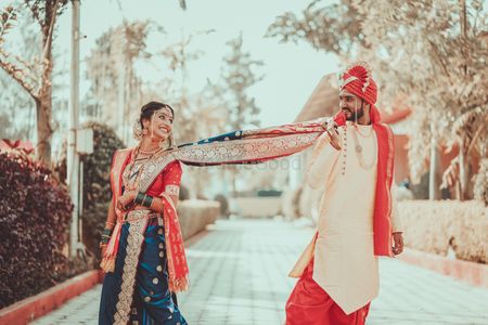 Photo of A cute Marathi couple posing on their wedding day