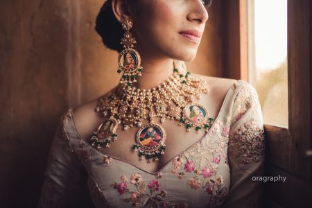 Unique modern bridal necklace with portraits 
