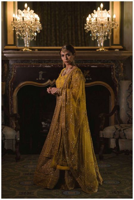 Photo of Mustard yellow and gold floor length anarkali