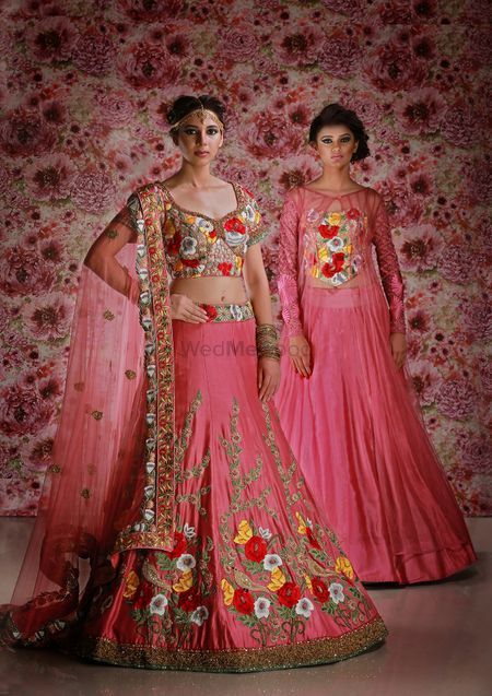 Photo of Bright pink lehenga with floral embroidery