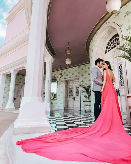 Photo of glam pre wedding shoot idea with train gown