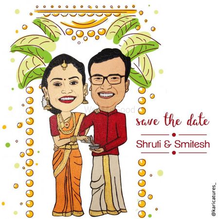 A caricature save the date card wedding invitation
