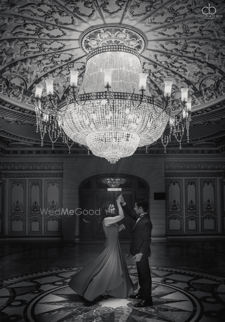 Black and White Couple Dance Portrait under Chandelier