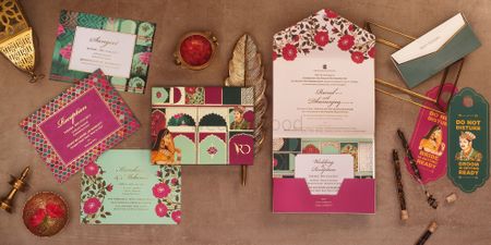 Modern Mughal theme destination wedding card