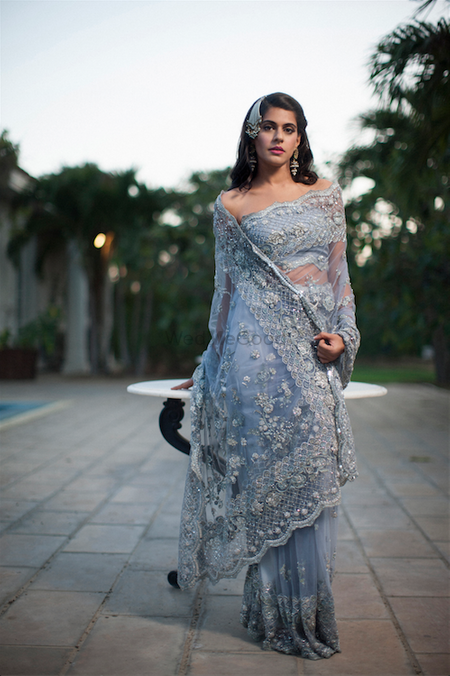 Light grey net and embroidery saree for sangeet