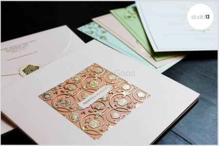 Peach and White Invites with Laser Cut Gold Design