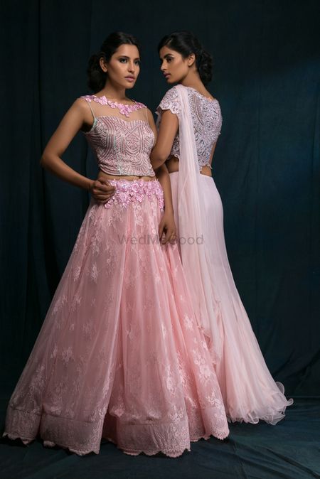 Photo of Light Pink and White Top and Skirt Fusion Lehenga