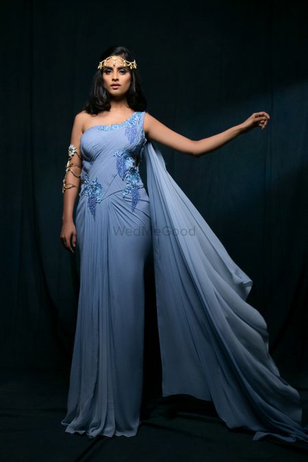 Powder Blue Cape One Shoulder Gown with Lace Work