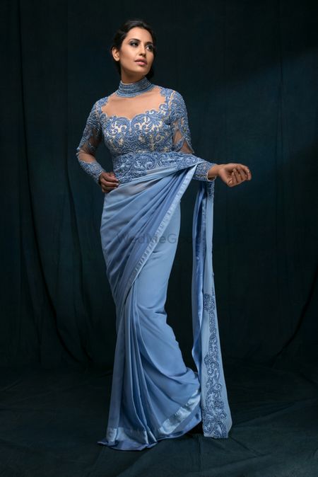 Powder Blue Sari with Sheer Beaded Blouse
