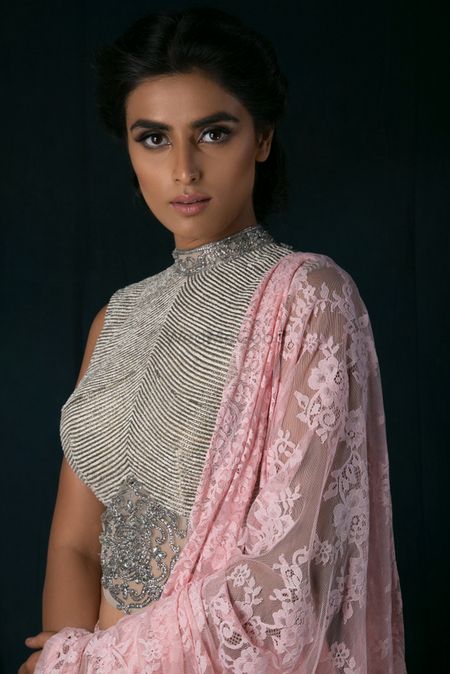 Photo of Light Grey Lace High Neck Blouse and Pink Lace Dupatta