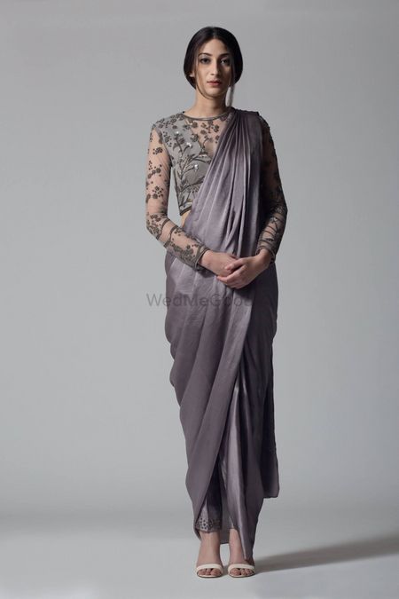 Dark Grey color drape saree