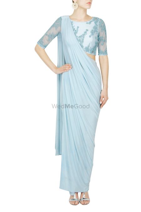 Photo of Powder blue saree gown with beaded blouse