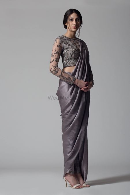 Dark grey monotone saree with net and bead work blouse