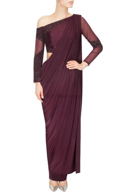 Wine coloured saree gown with net drop shoulder blouse