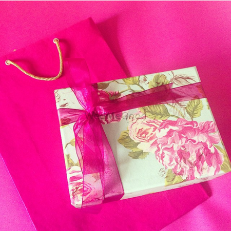 floral print card box with hot pink rubbon in satin