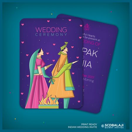 Photo of Colourful wedding card with cartoon caricatures