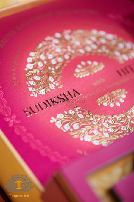 Fuschia pink and white wedding card