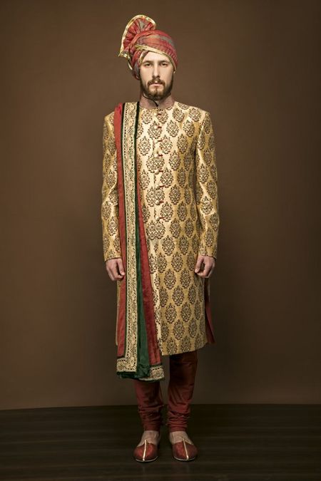 Gold and maroon sherwani with large motifs