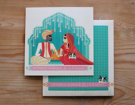 Colourful wedding card with bride and groom caricature